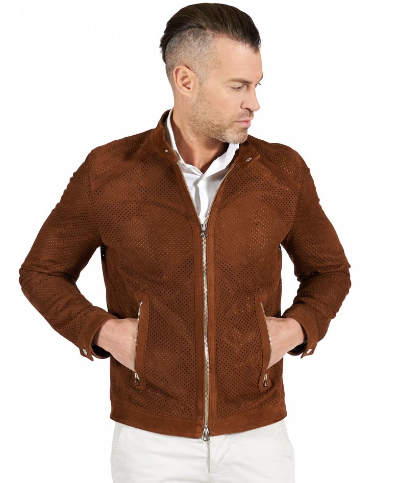 Lederfarben perforierte lederjacke...