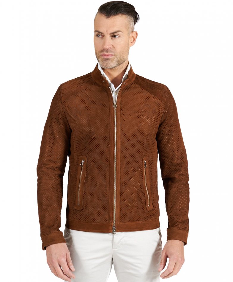 Lederfarben perforierte lederjacke...