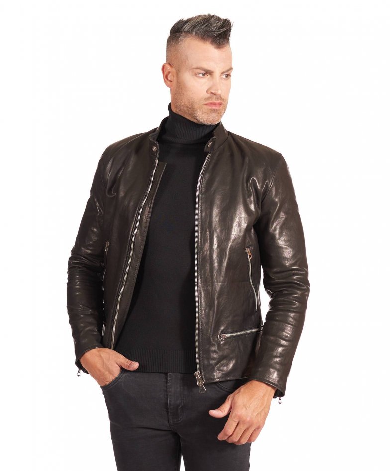  Schwarz gewaschene Lederjacke mit...