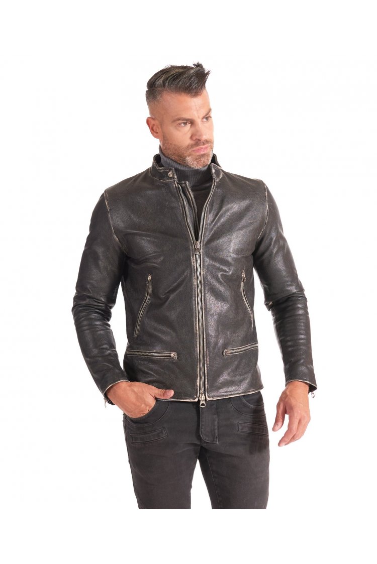 Schwarze vintage leder bikerjacke vier Reißverschlusstaschen 