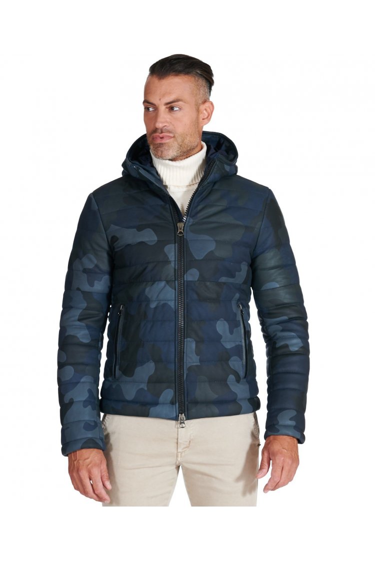 Militarblaue daunenjacke aus leder mit kapuze