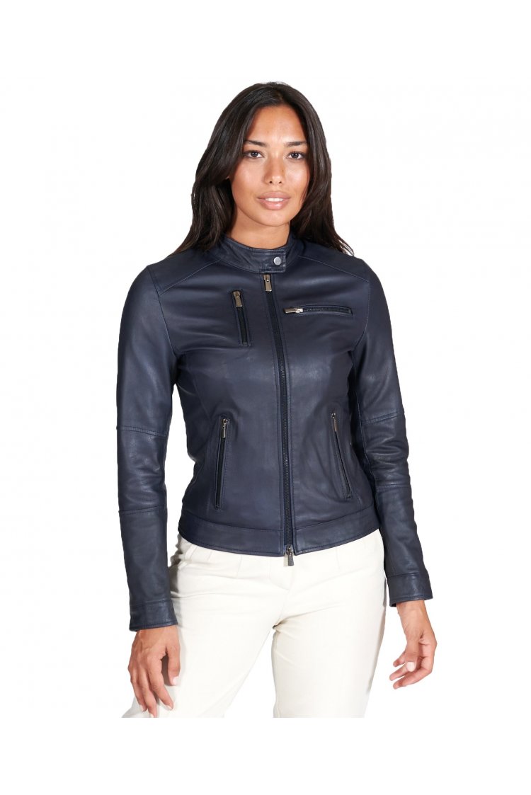 Blaue naturleder bikerlederjacke vier Taschen glatter Effekt