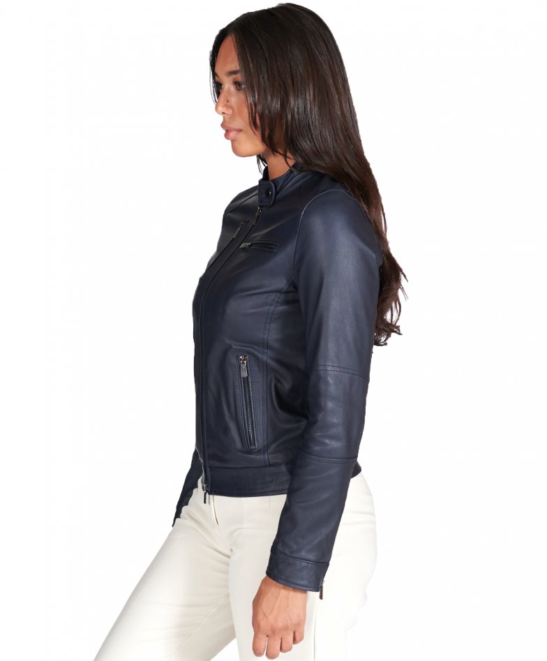Blaue naturleder bikerlederjacke vier...