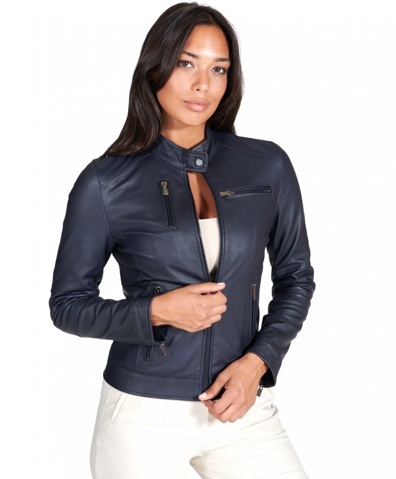Blaue naturleder bikerlederjacke vier...