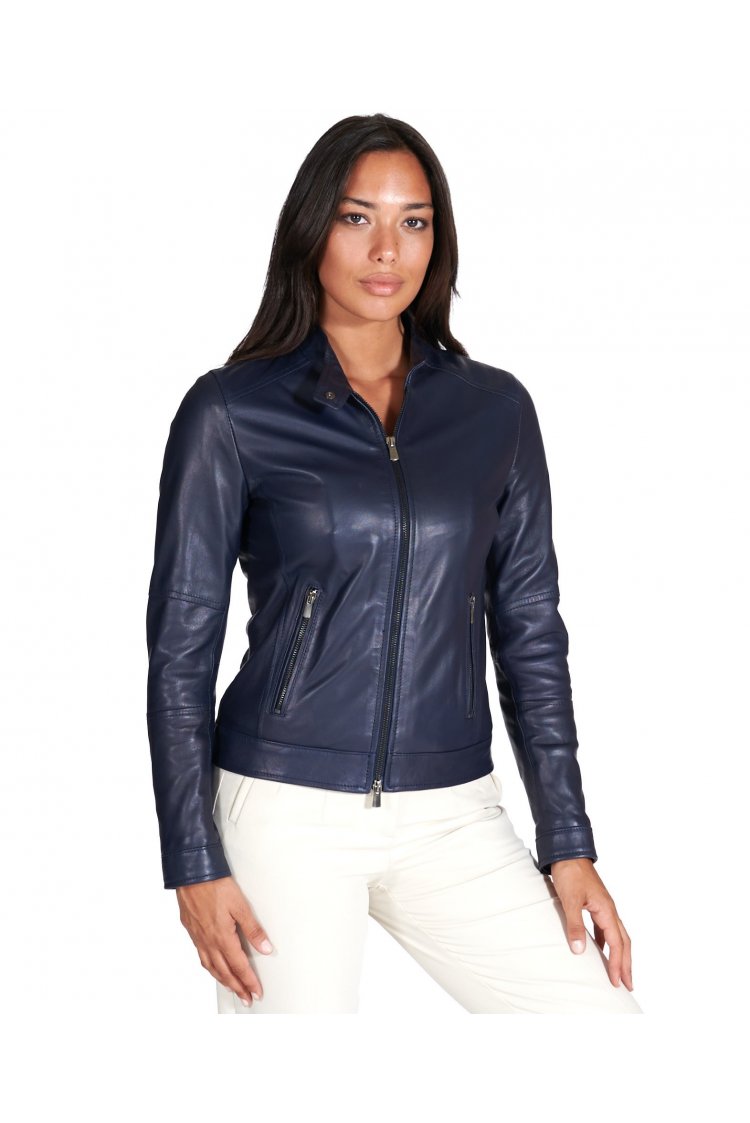 Blaue bikerjacke naturleder lammleder glatte-effekt