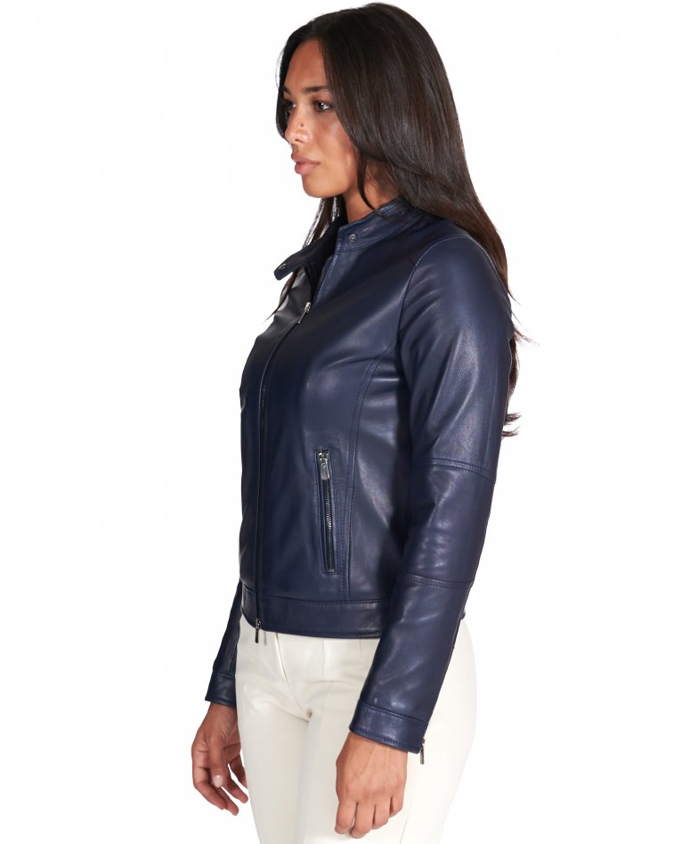 Blaue bikerjacke naturleder lammleder...