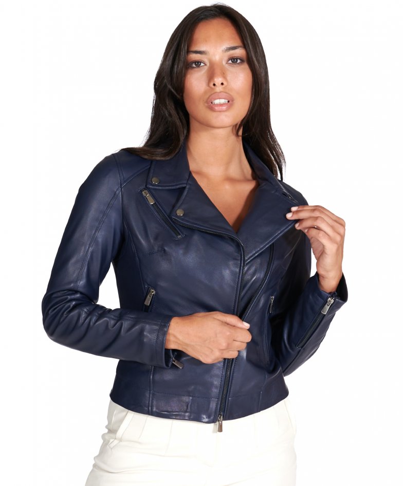Blaue biker lederjacke naturleder mit...