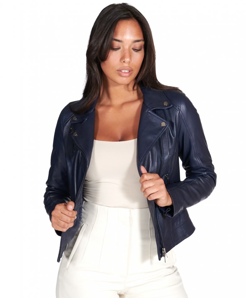 Blaue biker lederjacke naturleder mit...