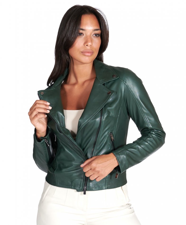 Grüne biker lederjacke naturleder mit...