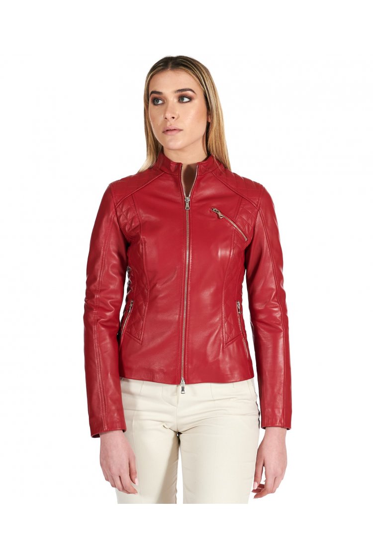 rote gesteppte lederjacke...