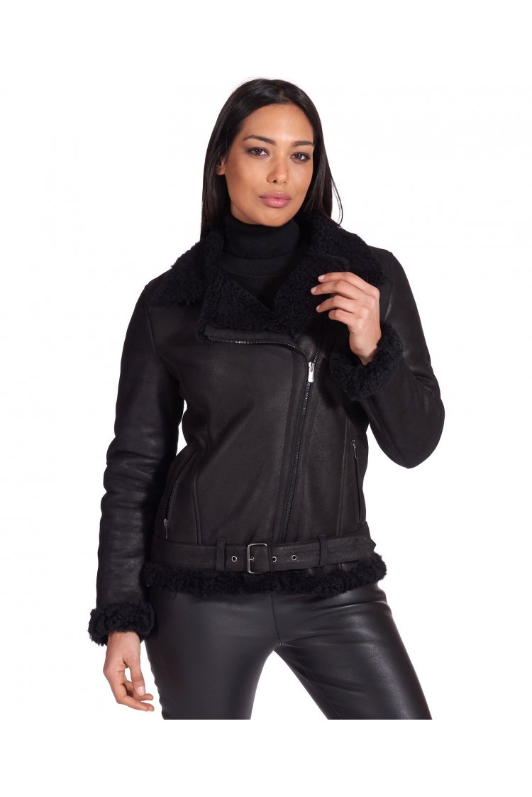 Schwarze Schaffellbikerjacke Kreuzreißverschluss und Gürtel