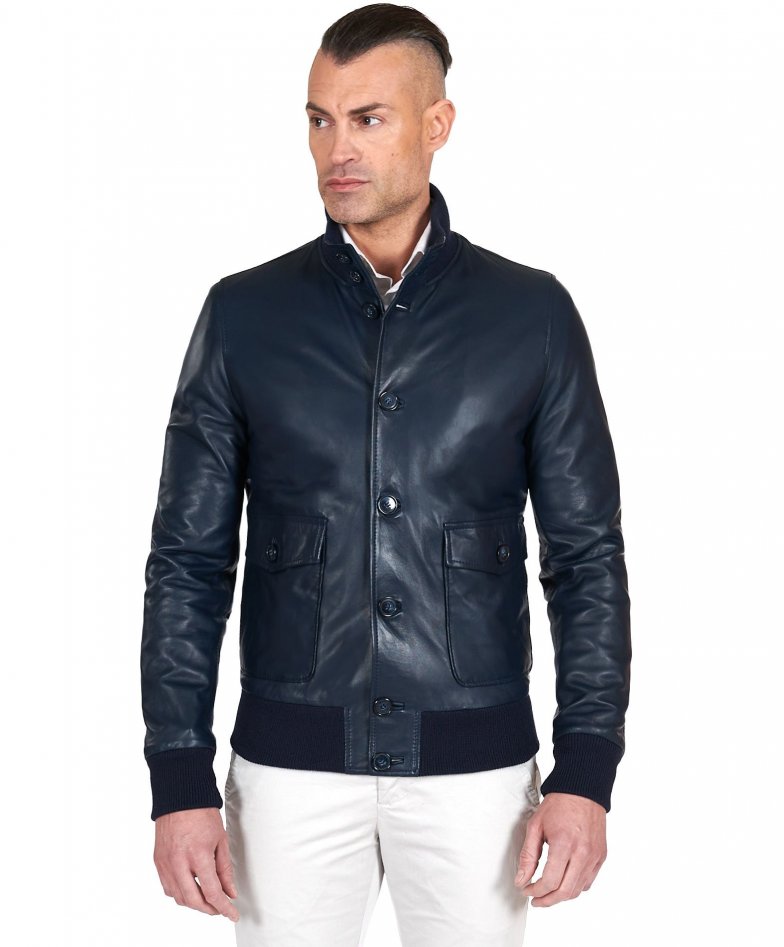Blaue bomber lederjacke mit knöpfen...