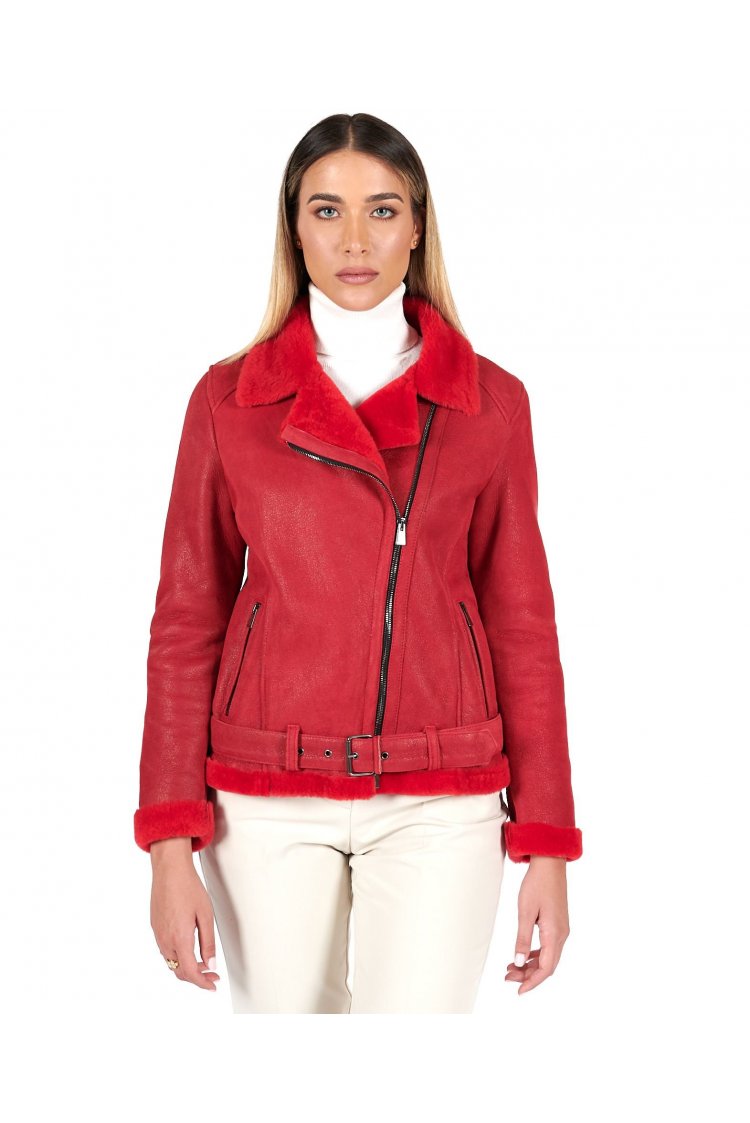 Rote Schaffellbikerjacke...